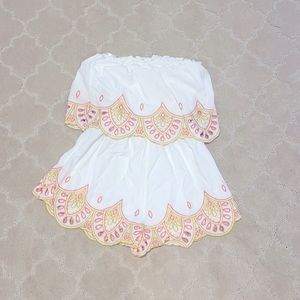 Beautiful Lovers + Friends romper! White with pink and yellow detail.